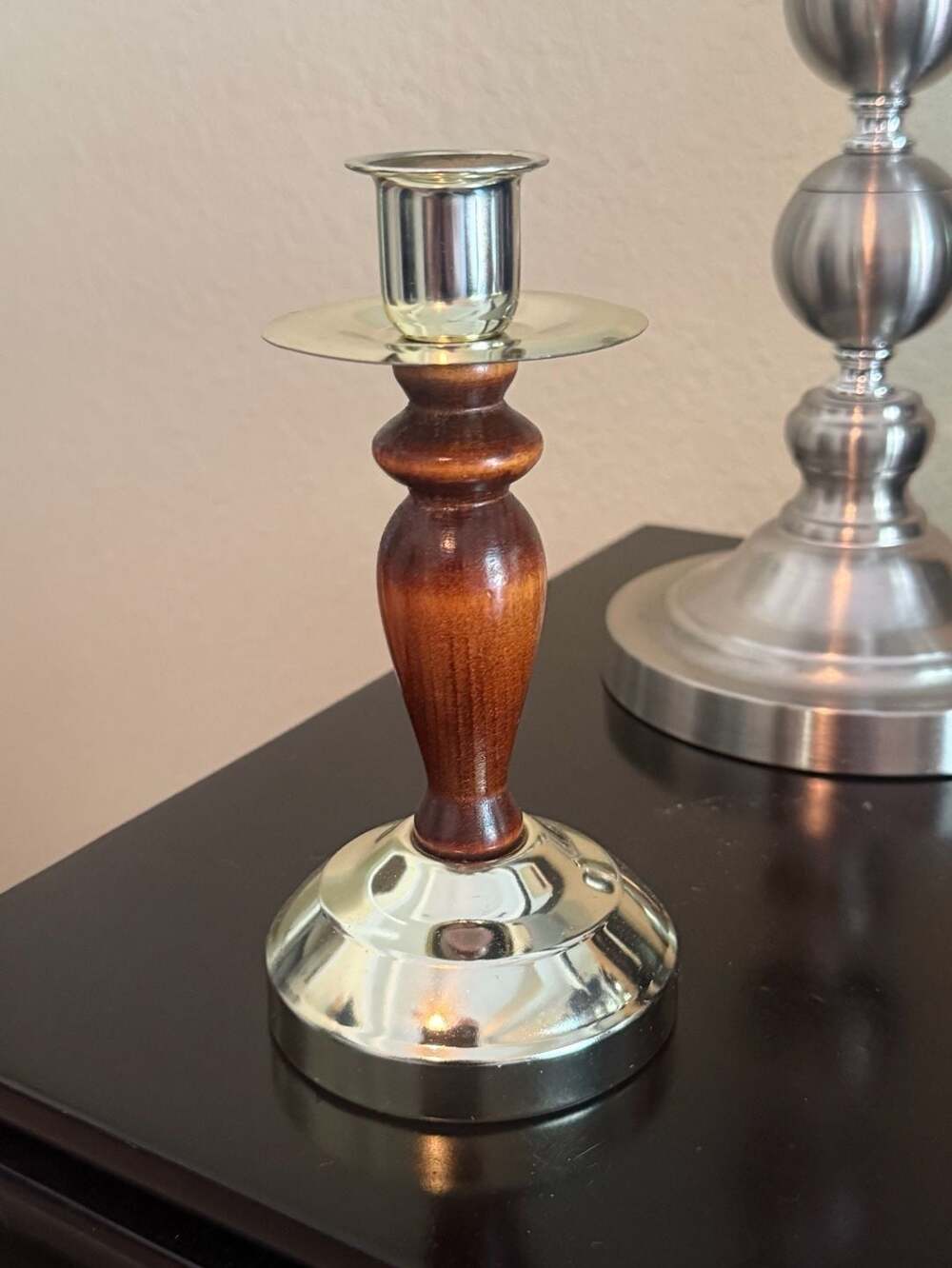 Vintage Brass and Wood Taper Candle Holder